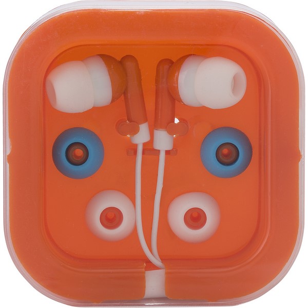 Earphones with two spare sets of buds, orange